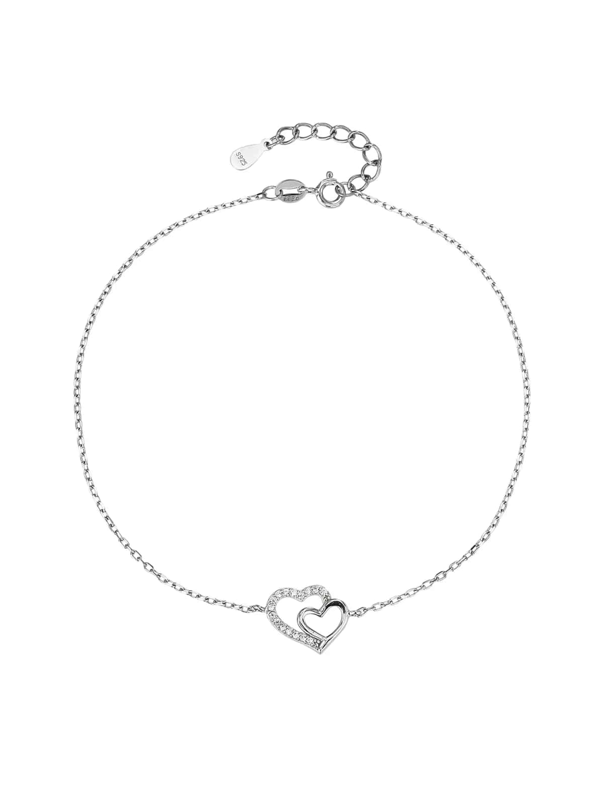 Brățară de gleznă din argint cu motiv inimă dublă și zirconii (23+4 cm)