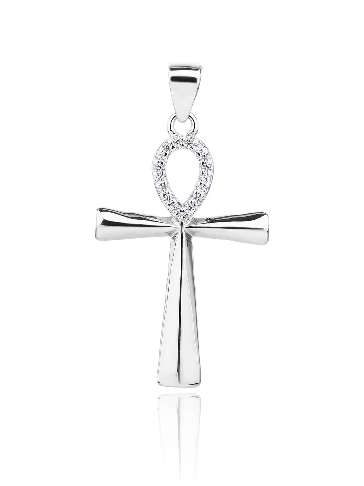 Pandantiv cruce Ankh cu zirconii, placat cu rodiu