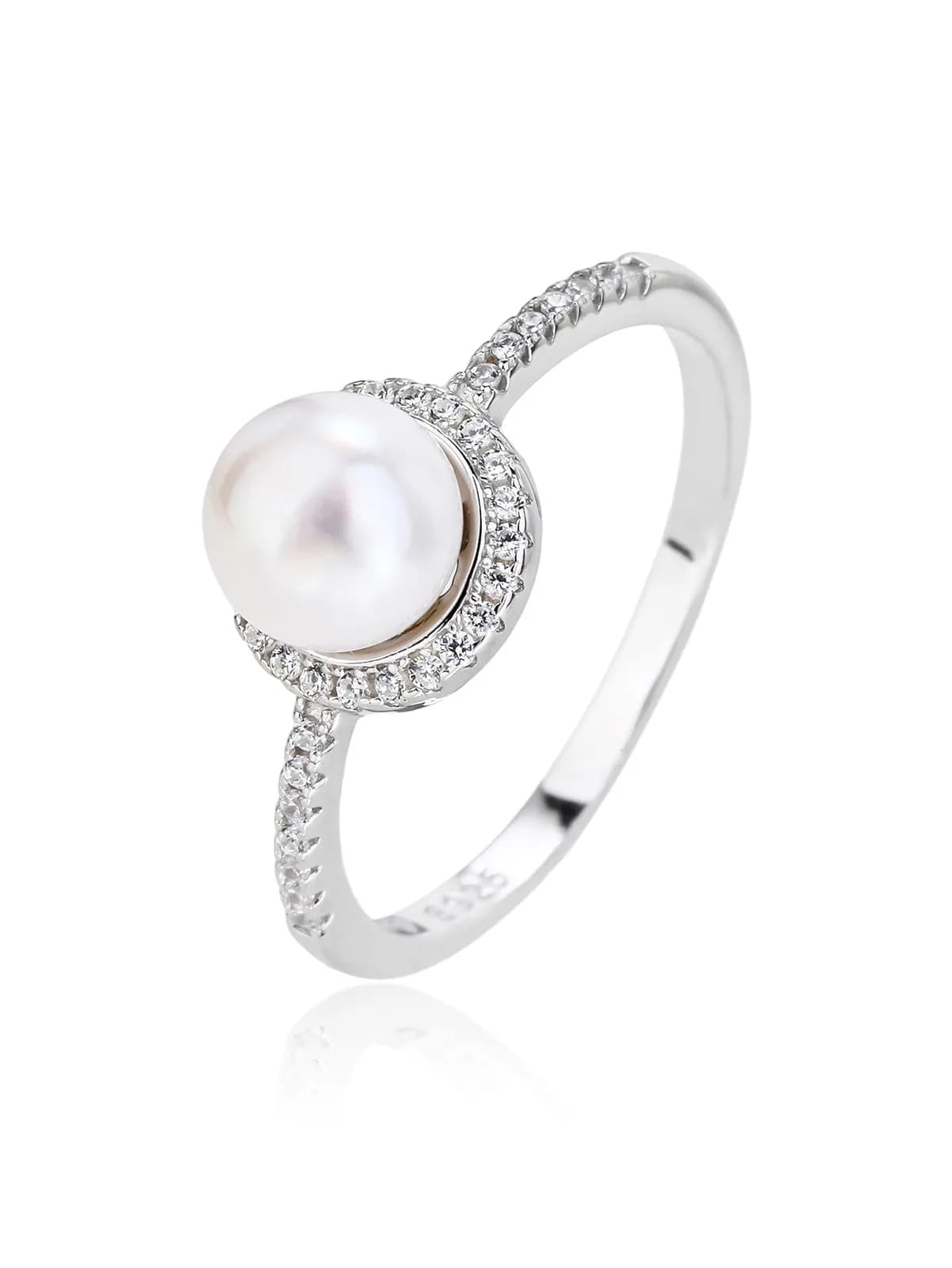 Inel elegant din argint cu o perlă albă și zirconiu cubic 1