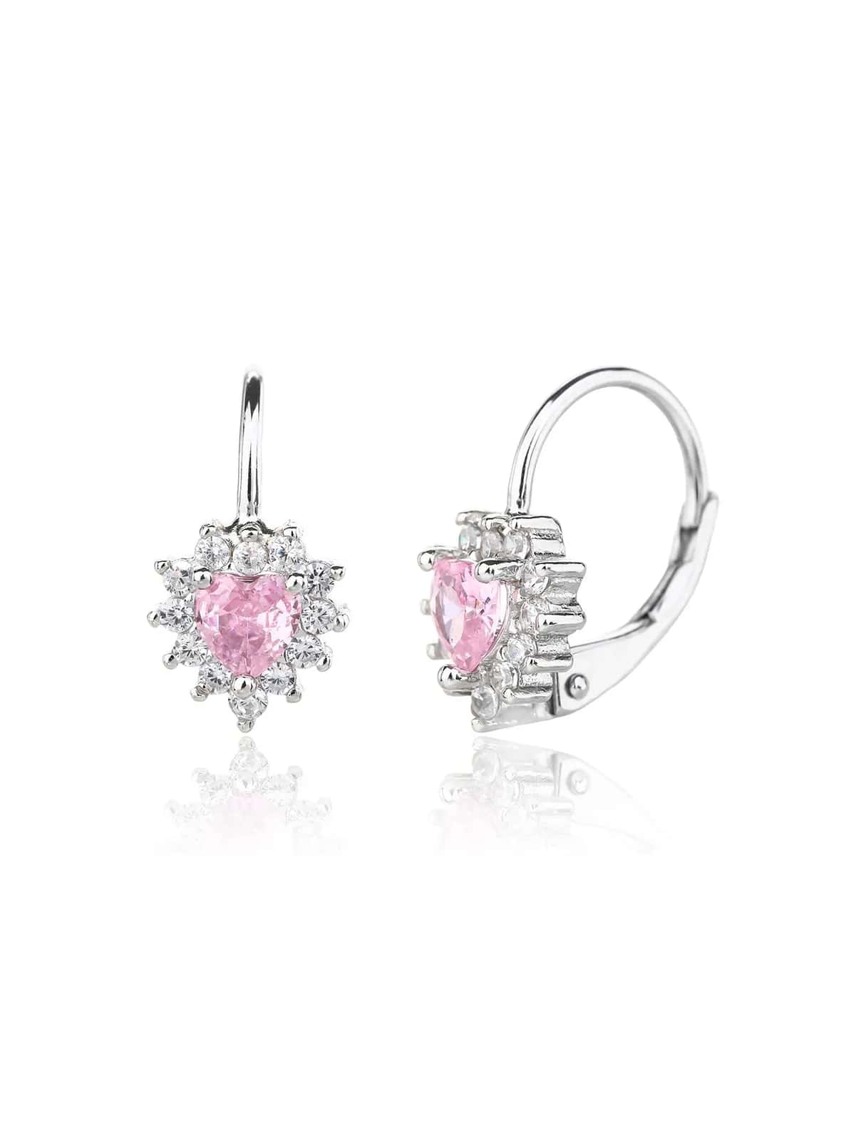 Cercei inimă cu piatră roz și zirconii, închidere tip clic, din argint 925 placat cu rodiu (1,3 × 0,7 cm)