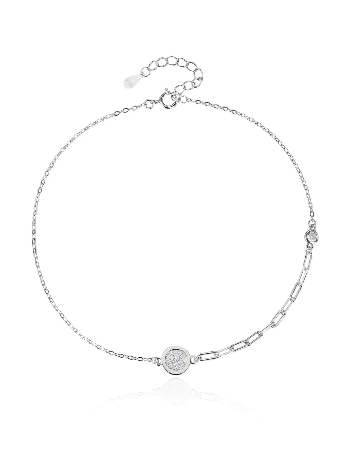 Brățară de gleznă cu zale alungite, motiv circular și zirconii, din argint 925 placat cu rodiu (23 + 4 cm)