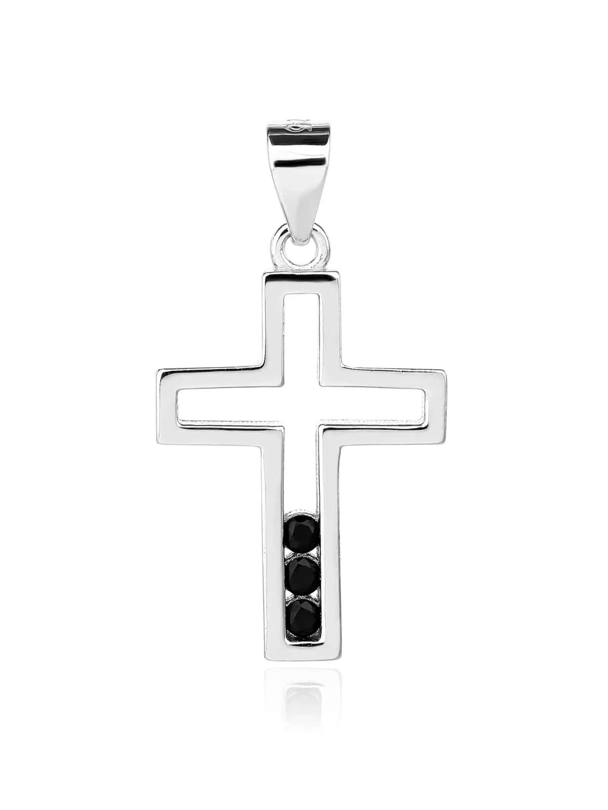 Pandantiv cruce cu zirconii negre, din argint 925 placat cu rodiu