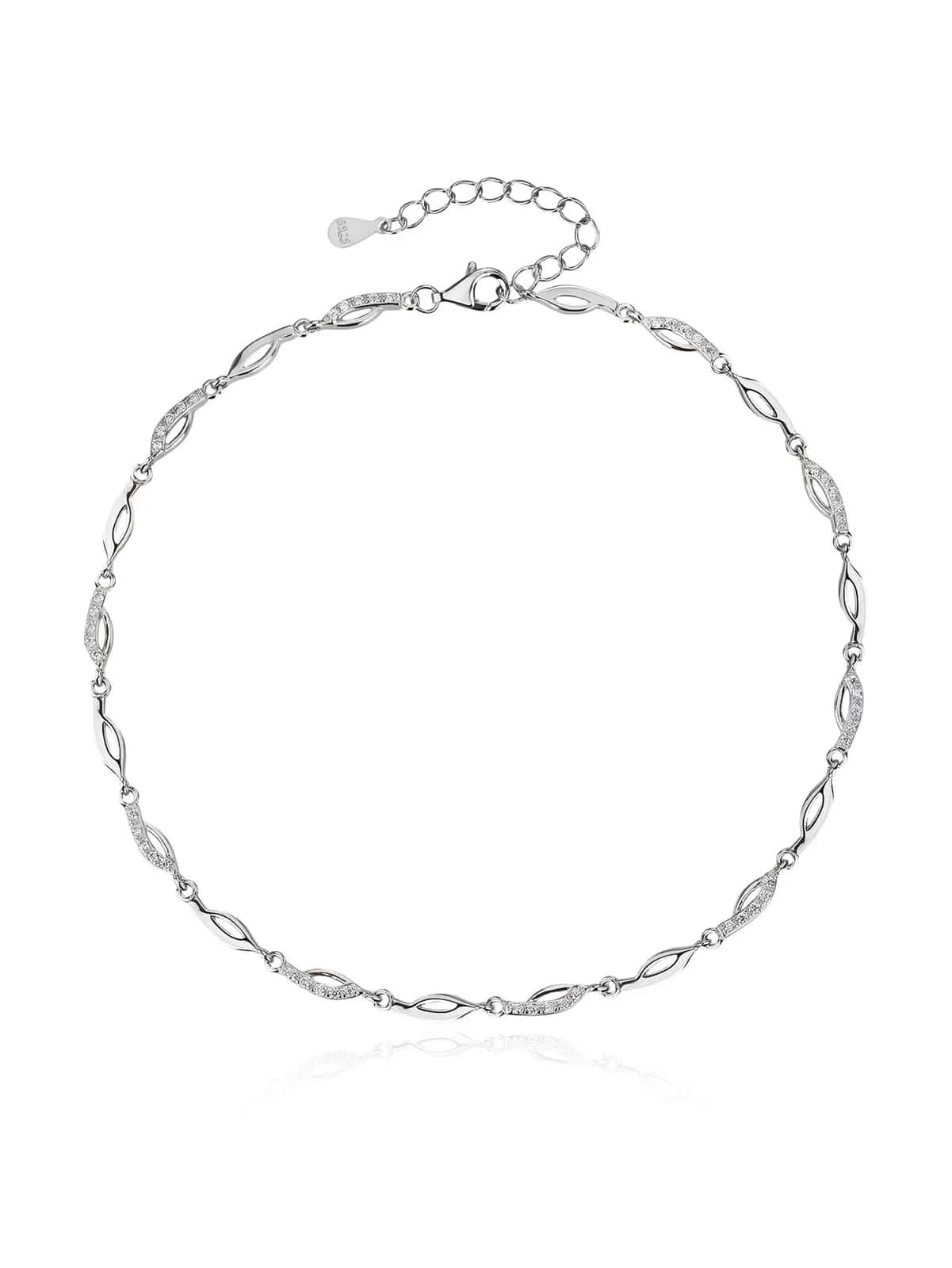 Brățară de gleznă cu motiv navette ondulat și zirconii, din argint 925 placat cu rodiu (23,5 + 4,5 cm)