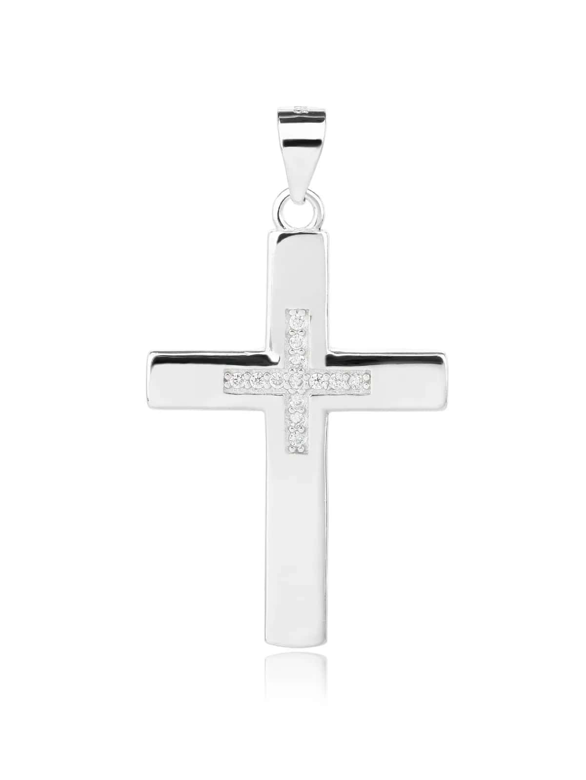 Pandantiv cruce pe cruce cu zirconii, din argint 925 placat cu rodiu