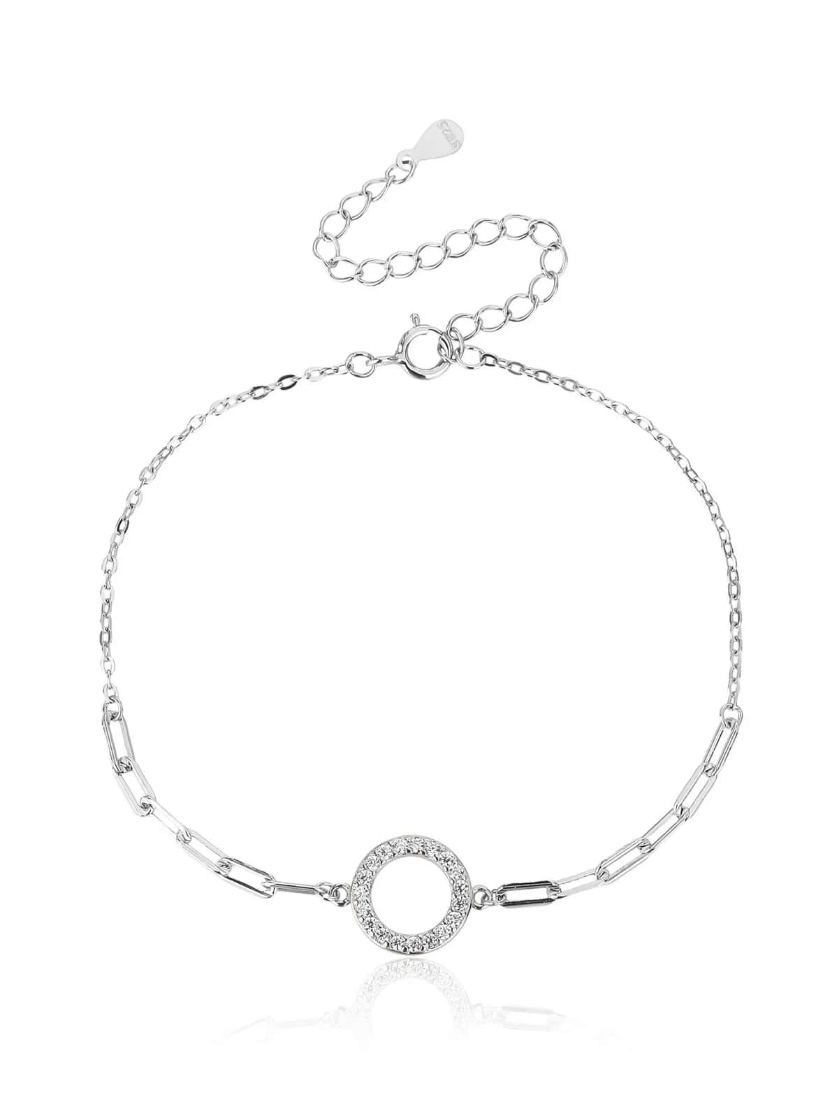 Brățară cu zale alungite, motiv circular strălucitor și zirconii, din argint 925 placat cu rodiu (17 + 6 cm)
