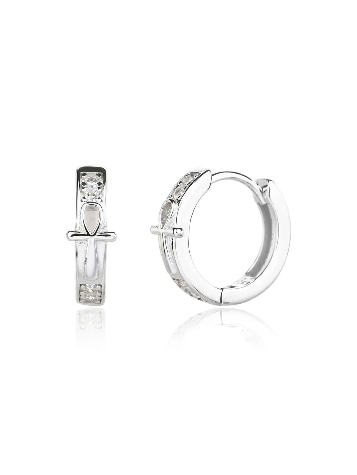 Cercei rotunzi cu cruce Ankh și zirconii, din argint 925 placat cu rodiu (1,4 × 0,5 cm)